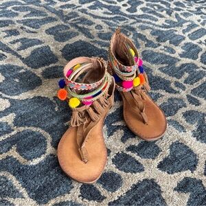 Naughty Monkey boho Pom Pom suede Leather sandals Sz 8.5 tassels brown pink